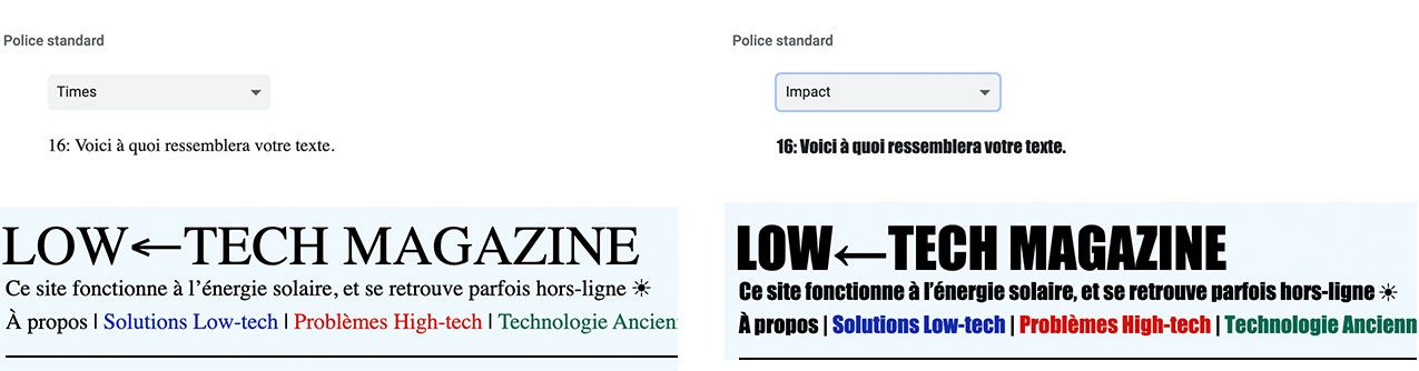 L'image montre que si on change les préférences de typographies dans son navigateur web alors le logo de Low Tech Magazine change